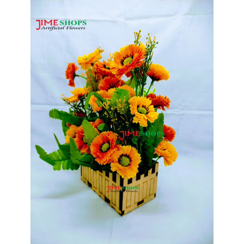 Picture of Artificial Daisy Flower In Design Wooden Tob 11Inc For Any Kind Of Decoration -  Home Decoration Item (Yellow & Orange Daisy Wooden)