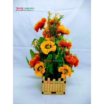 Picture of Artificial Daisy Flower In Design Wooden Tob 11Inc For Any Kind Of Decoration -  Home Decoration Item (Yellow & Orange Daisy Wooden)