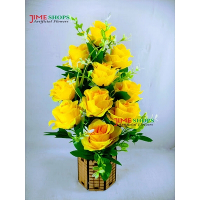Picture of Artificial 10 Roses Plant in Wooden Tob 17 inc long for Table or cornor Decoration, Jime Shops Flower - Home Decoration Item (10 Yellow)