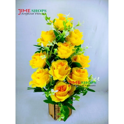 Picture of Artificial 10 Roses Plant in Wooden Tob 17 inc long for Table or cornor Decoration, Jime Shops Flower - Home Decoration Item (10 Yellow)