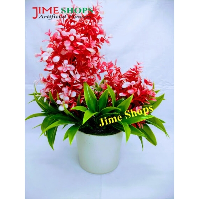 Picture of Double Head Artificial Colorful Flower With Green Leaves In Plastic Vases-28Cm/11Inc -  Home Decoration Item (Red & Green)