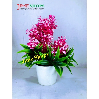 Picture of Double Head Artificial Colorful Flower With Green Leaves In Plastic Vases-28Cm/11Inc -  Home Decoration Item (Pink & Green)