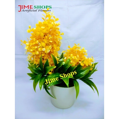Picture of Double Head Artificial Colorful Flower With Green Leaves In Plastic Vases-28Cm/11Inc -  Home Decoration Item (Yellow & Green)