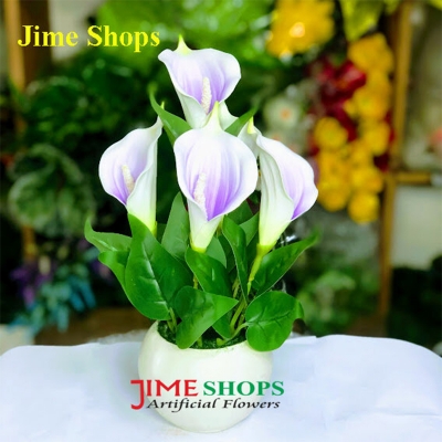 Picture of Artificial Calla Lilly Flowers & Plants with Round Plastic Pot (Green)