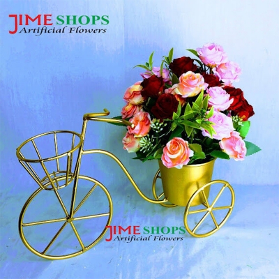 Picture of Artificial Rose Flower Arrangement with Golden Bicycle Stand 12 by 12 inc, jime shops flower for decoration (Model 01)
