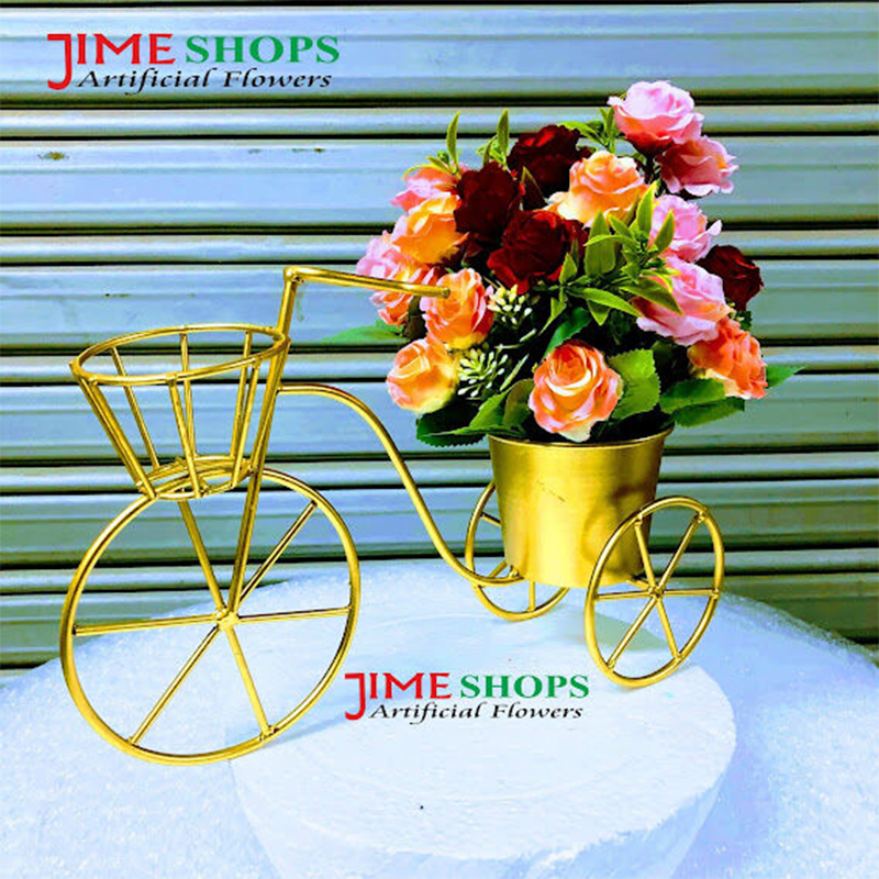 Picture of Artificial Rose Flower Arrangement with Golden Bicycle Stand 12 by 12 inc, jime shops flower for decoration (Model 01)