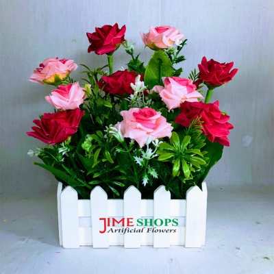 Picture of Artificial Multicolor Flower Arrangement in White Fence Pot, 10 in flower tob by jime shops (Golap)