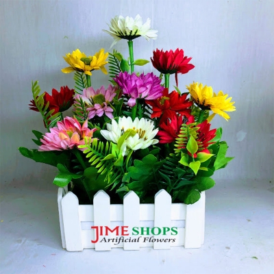 Picture of Artificial Multicolor Flower Arrangement in White Fence Pot, 10 in flower tob by jime shops (Daisy)