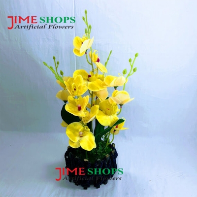 Picture of Artificial Purple Orchid Flower & plant (32cm) in Bamboo pot for Decoration - Home Decoration Item - Home Decoration Item (Yellow)