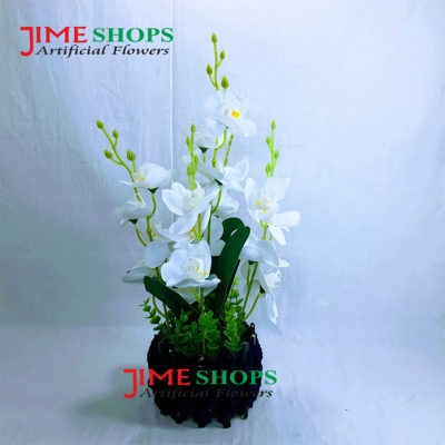 Picture of Artificial Purple Orchid Flower & plant (32cm) in Bamboo pot for Decoration - Home Decoration Item - Home Decoration Item (White)