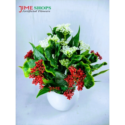 Picture of Artificial Leaves & Flower Plant In Round Sugar Plastic Pot 9.5Inc - Home Decoration Item - artificial flower (Leaves & White Flower)