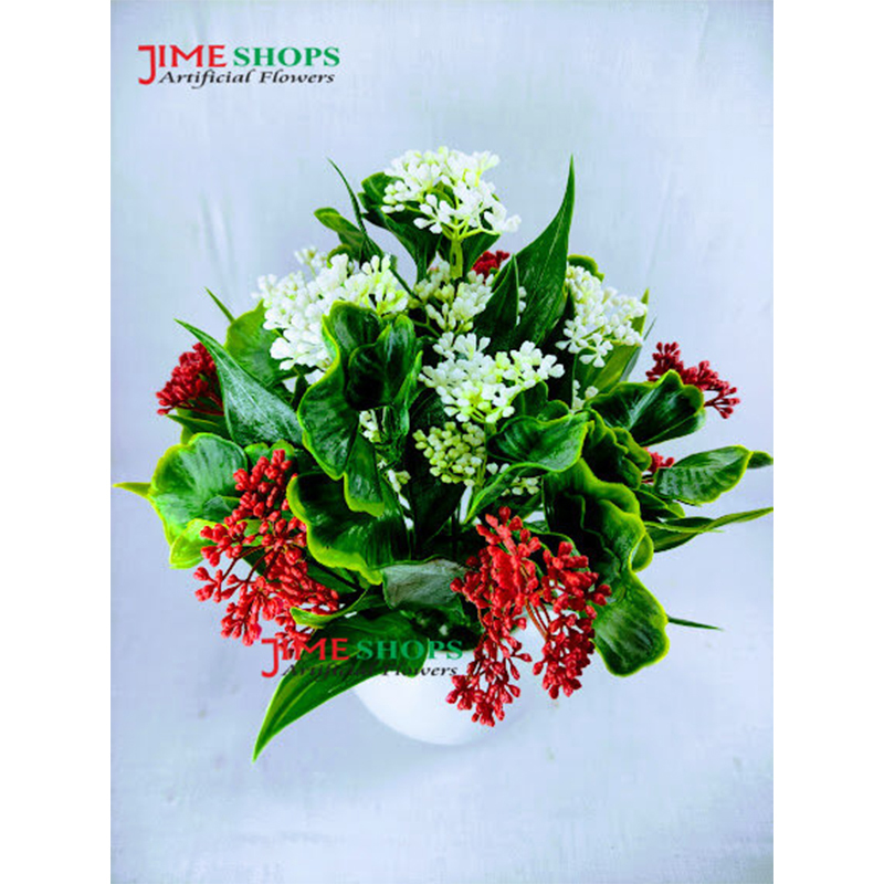 Picture of Artificial Leaves & Flower Plant In Round Sugar Plastic Pot 9.5Inc - Home Decoration Item - artificial flower (Leaves & White Flower)
