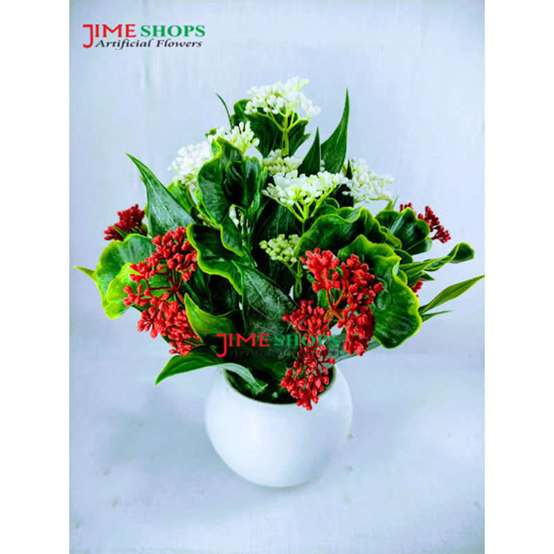 Picture of Artificial Leaves & Flower Plant In Round Sugar Plastic Pot 9.5Inc - Home Decoration Item - artificial flower (Leaves & White Flower)
