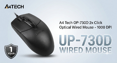 Picture of A4tech OP-730D 2x Click Optical Wired Mouse - 1000 DPI - Optical Sensor - Double click Button - 4-Way Wheel - Black (1 Year official warranty) USB 2X Click Optical Mouse