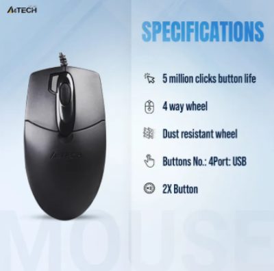 Picture of A4tech OP-730D 2x Click Optical Wired Mouse - 1000 DPI - Optical Sensor - Double click Button - 4-Way Wheel - Black (1 Year official warranty) USB 2X Click Optical Mouse