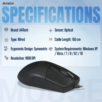 Picture of A4tech OP-730D 2x Click Optical Wired Mouse - 1000 DPI - Optical Sensor - Double click Button - 4-Way Wheel - Black (1 Year official warranty) USB 2X Click Optical Mouse