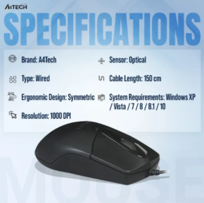 Picture of A4tech OP-730D 2x Click Optical Wired Mouse - 1000 DPI - Optical Sensor - Double click Button - 4-Way Wheel - Black (1 Year official warranty) USB 2X Click Optical Mouse
