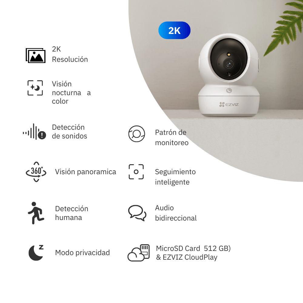 Picture of EZVIZ Indoor Hi Security 2K 1y warranty Smart color night 33fit,360 Degree,two way privacy protection,Motion Detection,Human shape & Loud Noise Detection,Sleep & Patrol mode Up to 512Gb  Type-C 3mega pixel 2K WIFI Smart Camera -White