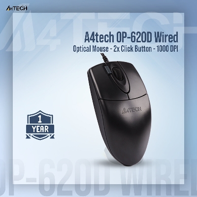 Picture of A4tech - 2x Click Button - 1200 DPI - 1Y Warranty official For PC/Laptop - Black OP-620D Wired Optical Mouse