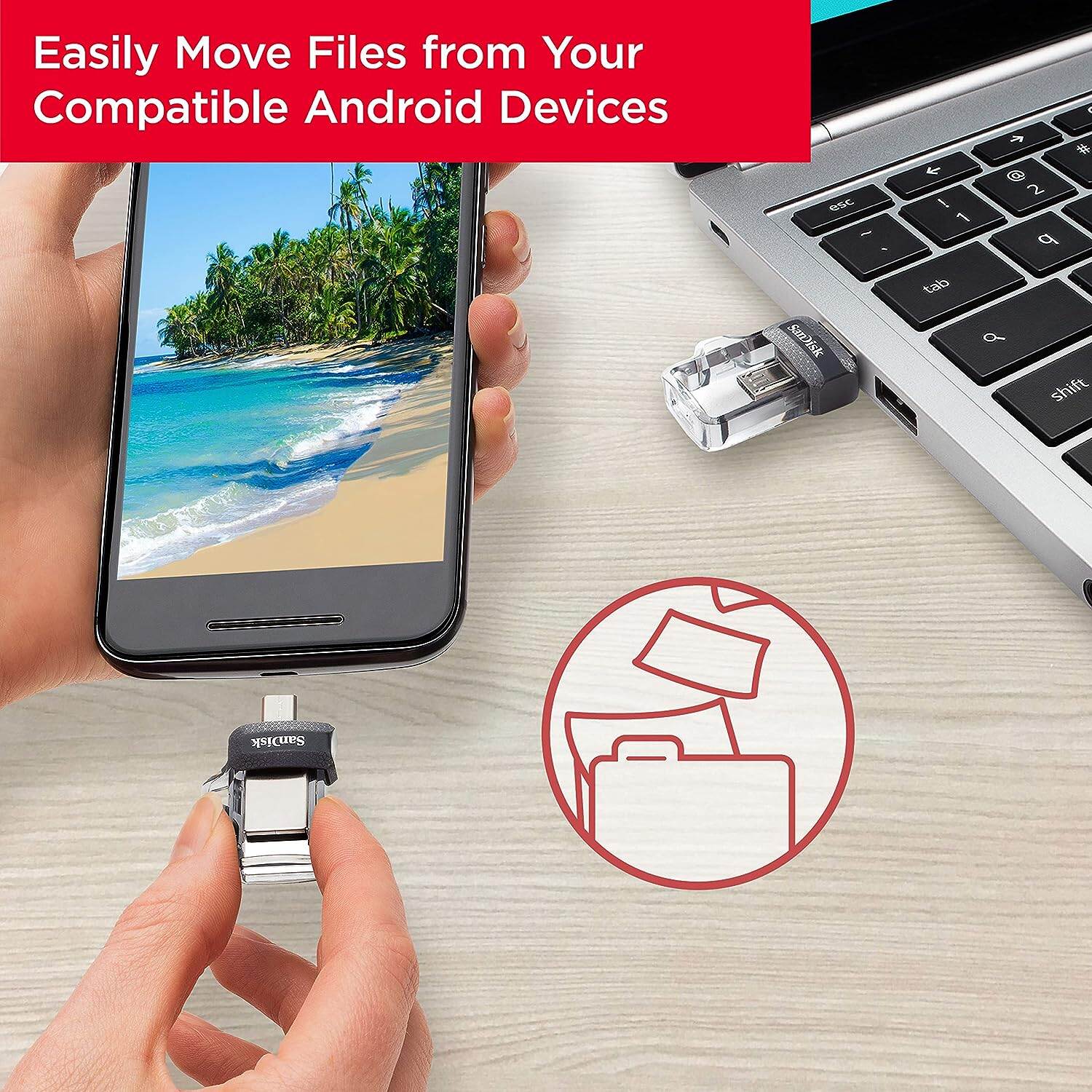 Picture of SanDisk 128GB Ultra Dual Drive m3.0 for Android Devices and Computers (5Y. Official War) Micro USB, USB 3.0 - SDDD3-128G - Wither Black -Black