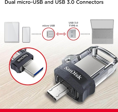 Picture of SanDisk 32GB Ultra Dual Drive m3.0 for Android Devices and Computers (5Y. Official War) Micro USB, USB 3.0 - SDDD3-128G - Wither Black-Black