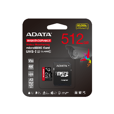 Picture of ADATA HIGH Endurance 512GB (U3,UHS-1,V30,20000hrs of Durability,Water/Shock/X-Ray Proof,Anti Static,4K, 8K, 3D, or 360° video recording) MICROSDXC Memory Card