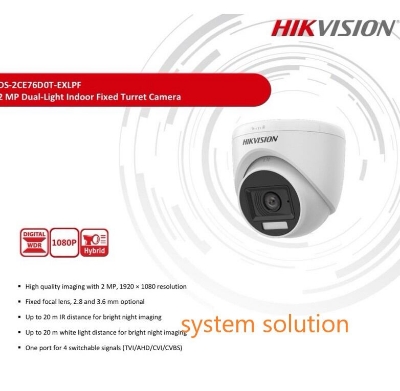 Picture of HIKVISION  ( Full Colour )DS-2CE76D0T-EXLPF 2.8MM 2 MP SMART HYBRID LIGHT INDOOR FIXED TURRET CAMERA