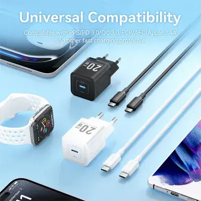 Picture of Vention 1-Port USB-C GaN Charger (20W) with USB-C to USB-C Cable-Black