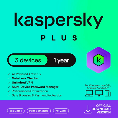 Picture of [Digital-Instant} Kaspersky Plus 3-User-1-year-2 Password private Vaults (Delivery charge Free Instant E-mail Delivery) Advanced Internet Security Software