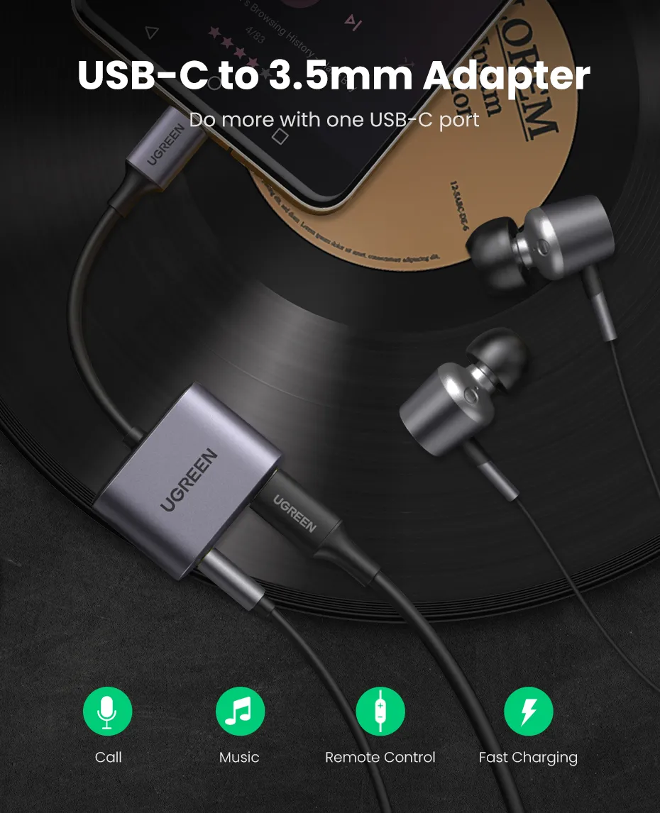 Picture of UGREEN CM231 (60164) 2-in-1 USB C to 3.5mm Adapter - Charging and Listening Simultaneously - High-Quality Sound - PD3.0 Fast Charging