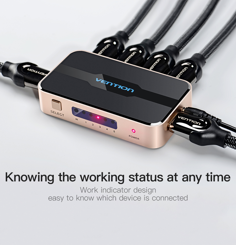 Picture of Vention  (ACDG0) 5 in 1 out HDMI Switcher Aluminum Alloy 4K 30Hz with Remote Control and DC 5V/1A Power Supply Cable