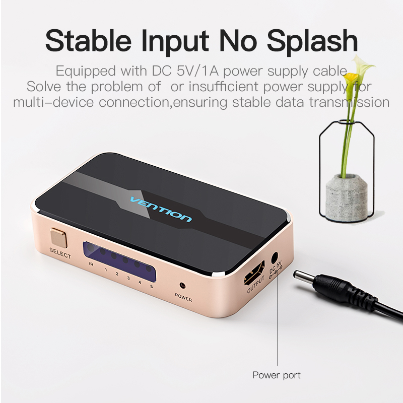 Picture of Vention  (ACDG0) 5 in 1 out HDMI Switcher Aluminum Alloy 4K 30Hz with Remote Control and DC 5V/1A Power Supply Cable