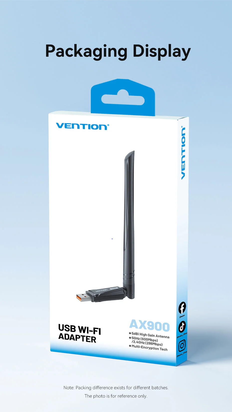 Picture of Vention AX900(5dBi antenna,5GHz 600MBPS,1Y warranty) USB Wi-Fi Dual Band Adapter With High Gain Antenna Black-Black