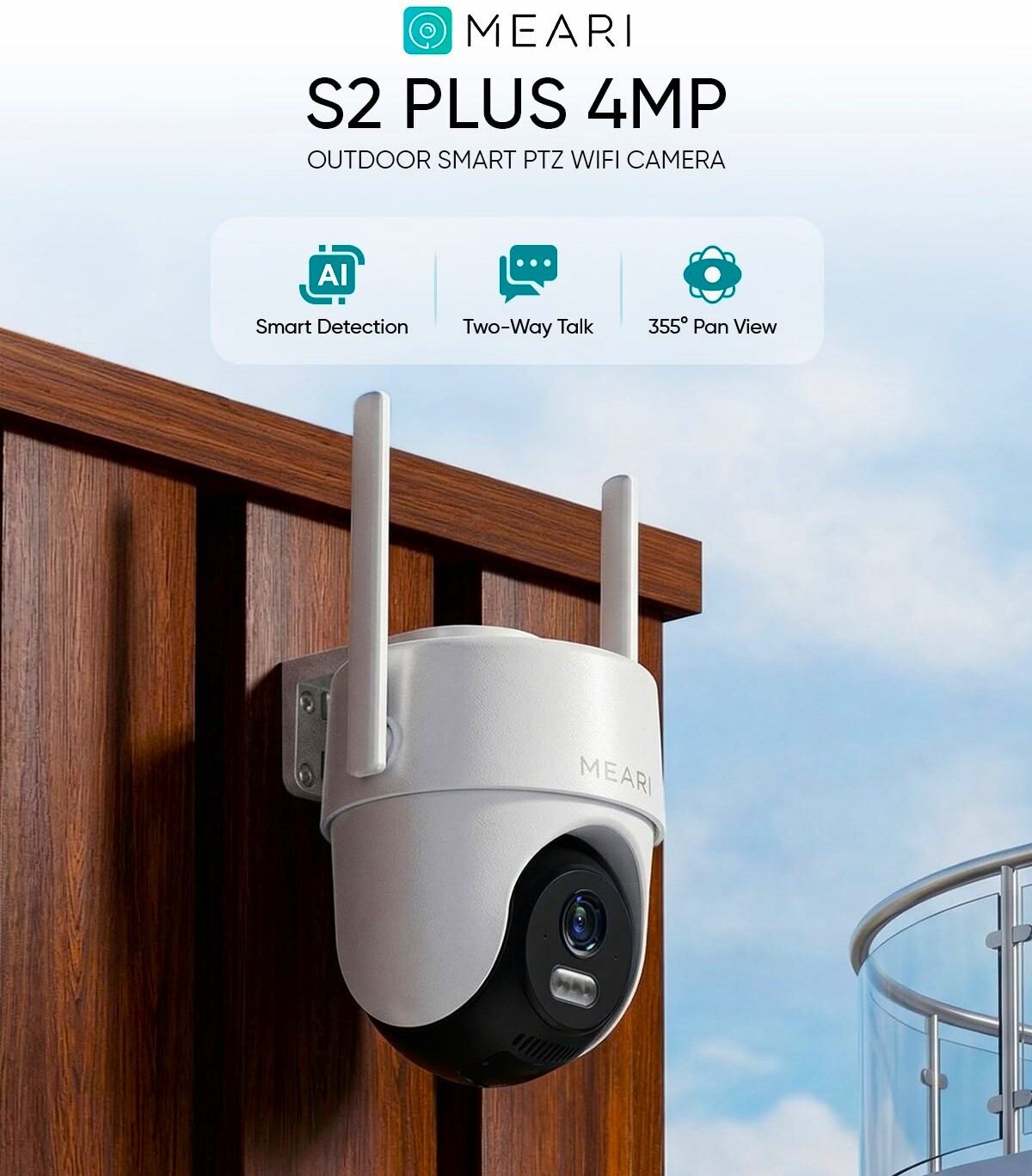 Picture of Meari S2 Plus (Last 7 days 10 years Cloud Storage Free/30meter/2 way talk/Color LED light) 2y warranty 4MP Outdoor Smart PTZ WiFi Camera-White