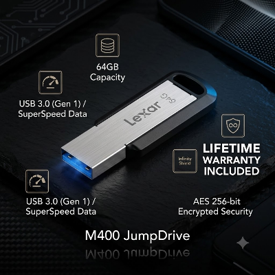 Picture of Lexar JumpDrive M400 64GB USB 3.2 Gen 1 Black Pen Drive ( Life Time Warranty )-Black
