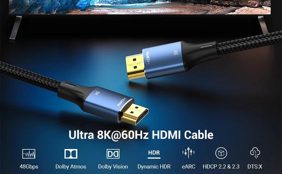 Picture of VENTION 8k ALGLG Cotton Braided HDMI-A Male to Male HD Cable 8K 1.5M 4.92 feet Blue Aluminum Alloy Type 8k 60Hz HDMI Cable-Blue