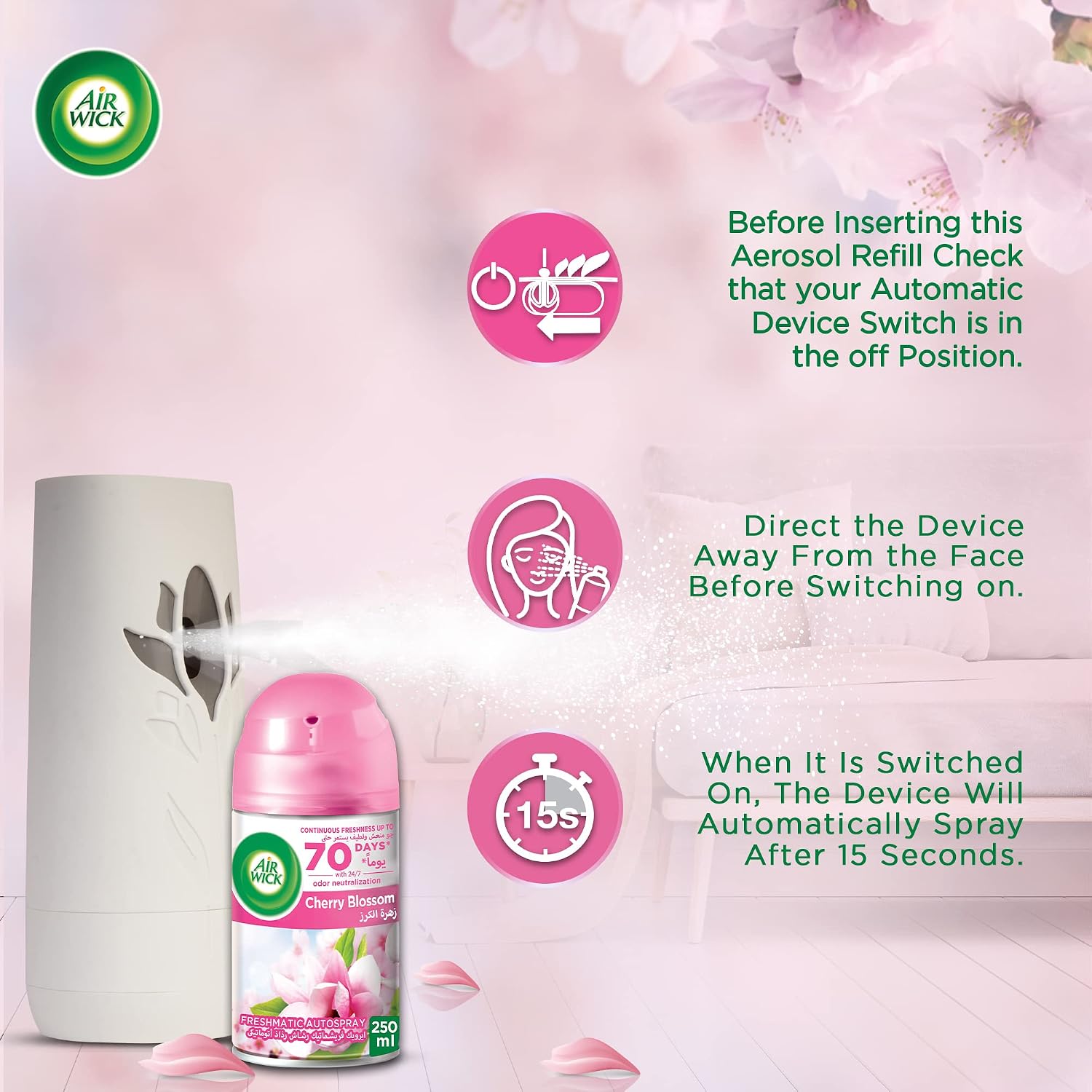 Picture of Air Wick Freshmatic  Essential Oil Automatic Spray Cherry Blossom 250ml (Free Refill & Battery)