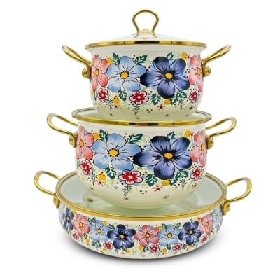 Picture of Floral Enamel 3 Peice Cookware Set With 3 Peice Glass Lid -Induction Compatible- For All Types Of Stove Tops 