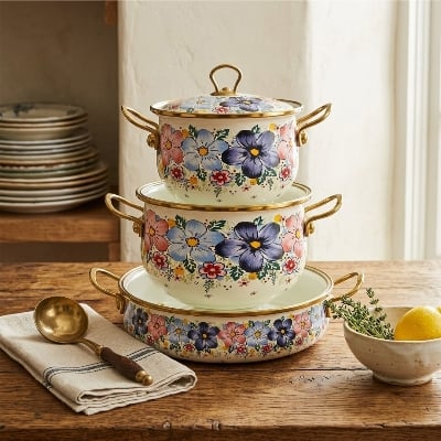 Picture of Floral Enamel 3 Peice Cookware Set With 3 Peice Glass Lid -Induction Compatible- For All Types Of Stove Tops 