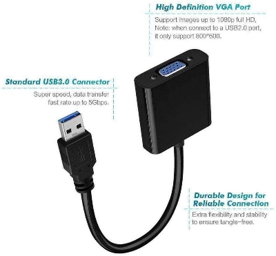 Picture of High-Speed USB 3.0 to VGA Adapter Cable for Monitor, Projector, TV - Black, Super Speed 5Gbps, HDMI-Compatible, New 