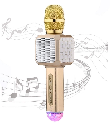Picture of Magic Bluetooth Karaoke Microphone SU.YOSD , Wireless Professional Speaker Handheld Microphone SD Card,  with USB Colorful Neon Lights (Gold)