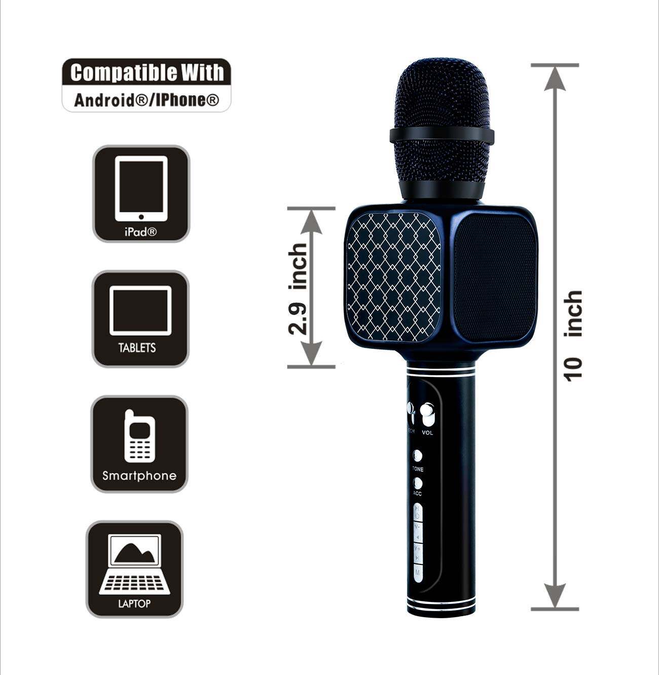 Picture of Magic Bluetooth Karaoke Microphone SU.YOSD , Wireless Professional Speaker Handheld Microphone SD Card,  with USB Colorful Neon Lights (Black)