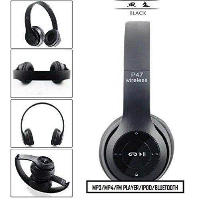 Picture of Wireless, Bluetooth, Fold-able, P47 Headphones Noise Canceling MP3/MP4/FM Player with SD Card Slot for Easy Travel - Headphone - Headphone (Black)