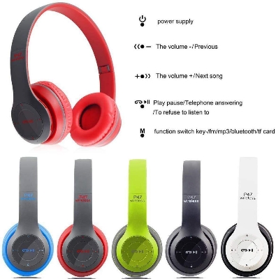 Picture of Wireless, Bluetooth, Fold-able, P47 Headphones Noise Canceling MP3/MP4/FM Player with SD Card Slot for Easy Travel - Headphone - Headphone (Red)