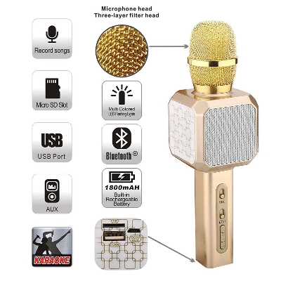 Picture of Wireless USB Recording Microphone Portable Karaoke Voice Changer, Cellphone/Mobile Karaoke Player Support USB/TF Mp3 Player And Bluetooth, Mic Speaker -  Bluetooth Speaker (Gold)