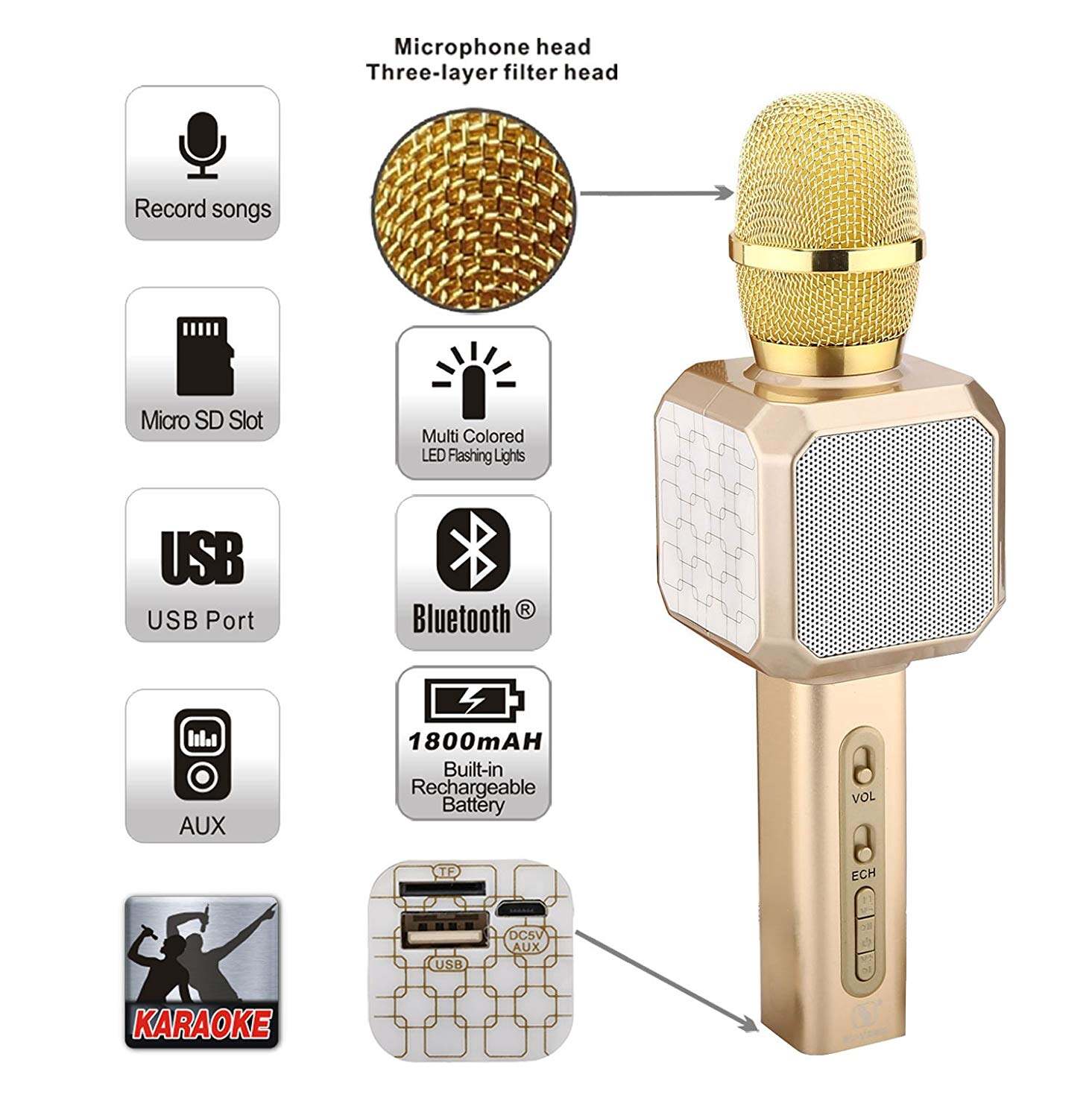Picture of Wireless USB Recording Microphone Portable Karaoke Voice Changer, Cellphone/Mobile Karaoke Player Support USB/TF Mp3 Player And Bluetooth, Mic Speaker -  Bluetooth Speaker (Gold)