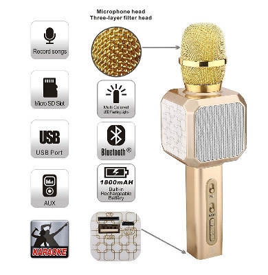 Picture of Wireless USB Recording Microphone Portable Karaoke Voice Changer, Cellphone/Mobile Karaoke Player Support USB/TF Mp3 Player And Bluetooth, Mic Speaker -  Bluetooth Speaker (Gold)