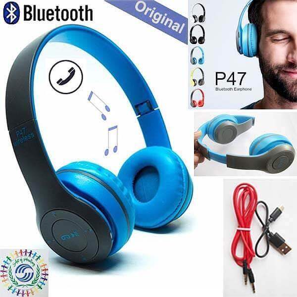 Picture of P47 Bluetooth Over Ear Foldable Headset With Microphone Stereo Earphones 3.5Mm Audio Support Fm Radio Tf For Pc Tv Smart Phones & Tablets (Blue)