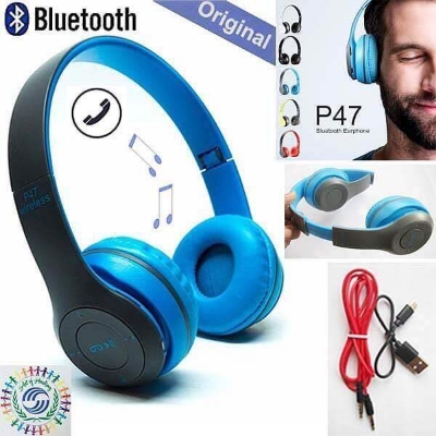 Picture of P47 Bluetooth Over Ear Foldable Headset With Microphone Stereo Earphones 3.5Mm Audio Support Fm Radio Tf For Pc Tv Smart Phones & Tablets (Blue)