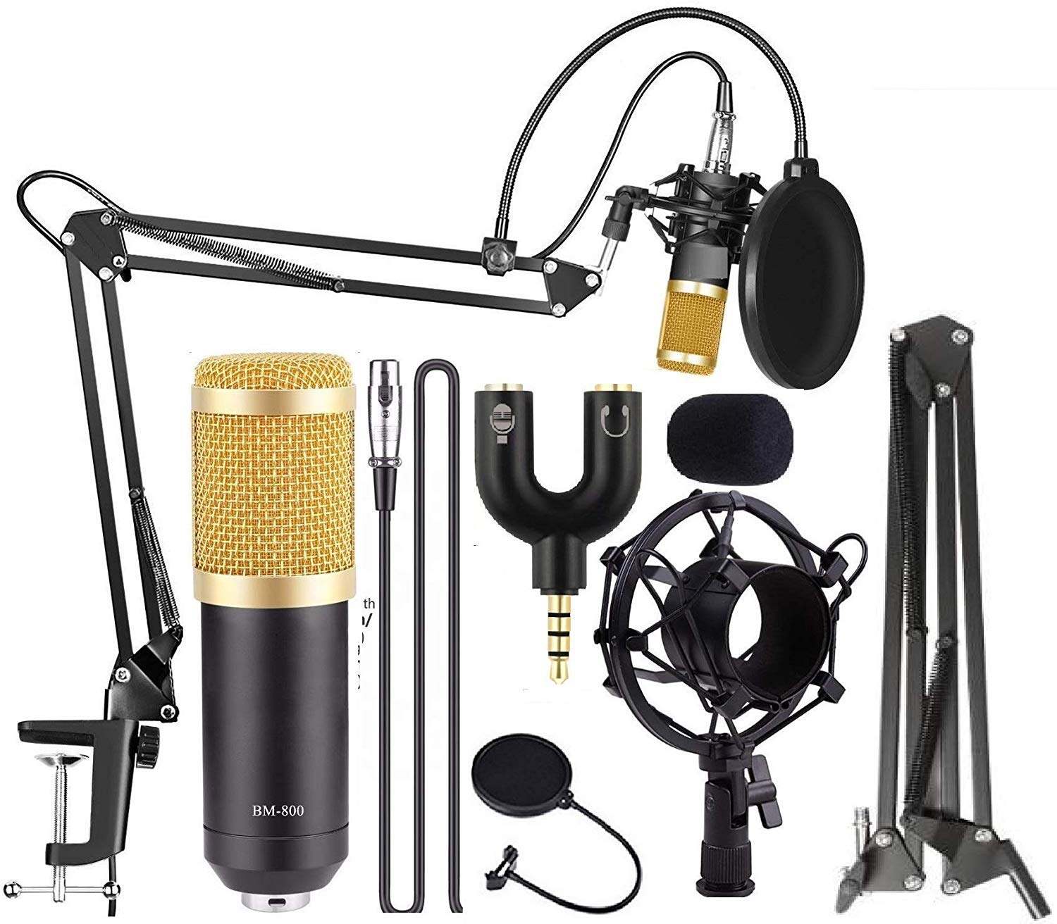 Picture of BM800 Condenser Microphone Full Studio Package Microphone BM 800 Set Record Studio Equipment Mic Kit with Adjustable Arm Stand Pop Filter Foam Cap kit (Black)